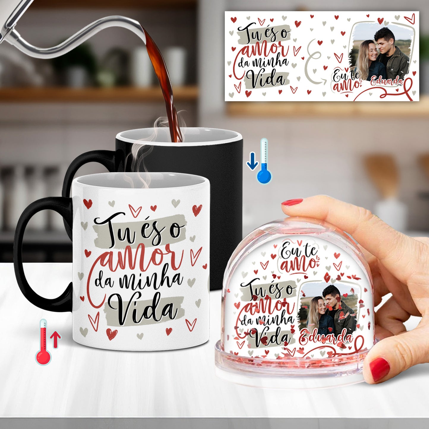 Caneca Mágica e/ou Globo Corações "Tu és o amor da minha vida"