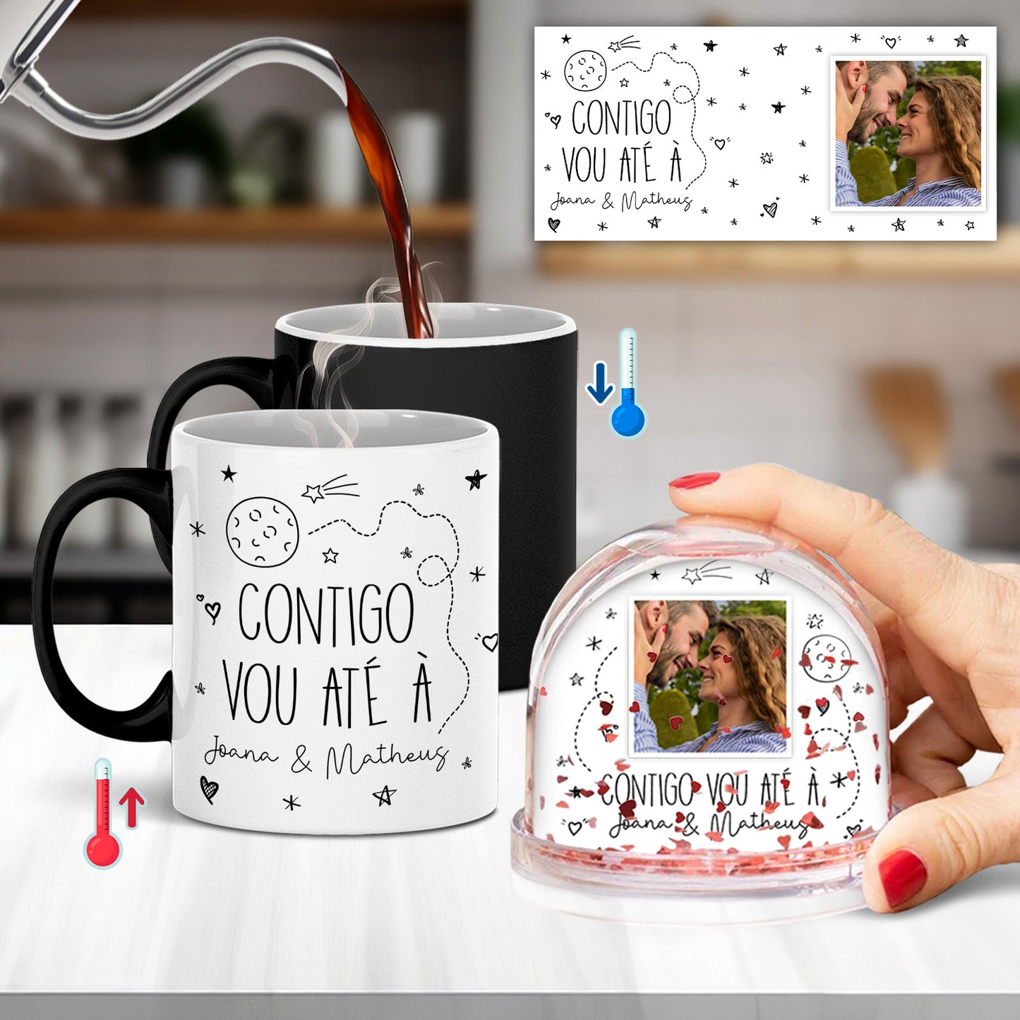 Caneca Mágica e/ou Globo Corações "Contigo vou até à lua"