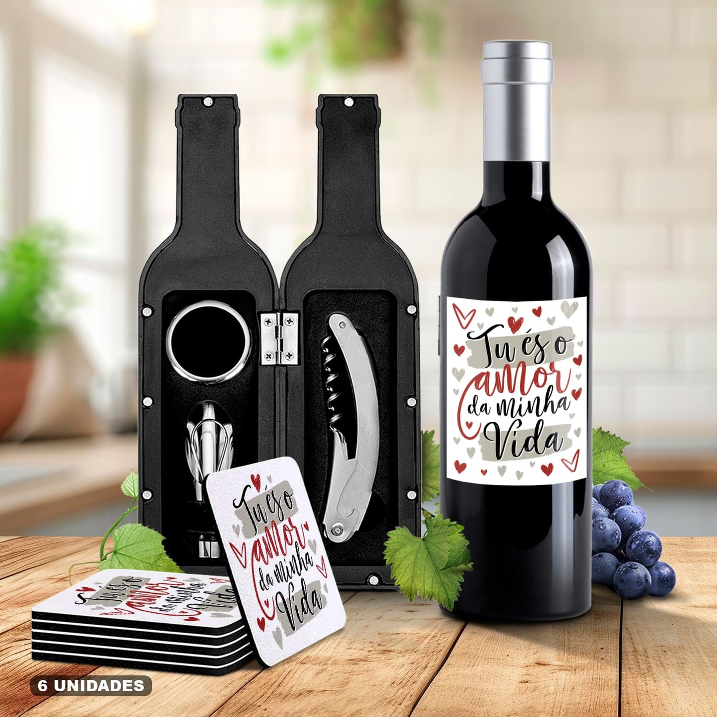 Kit de Vinho e/ou Bases de copos (6 unidades) "Tu és o amor da minha vida"