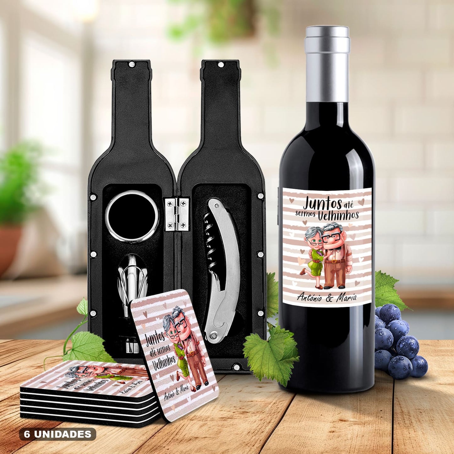 Kit de Vinho e/ou Bases de copos (6 unidades) "Juntos até sermos velhinhos"