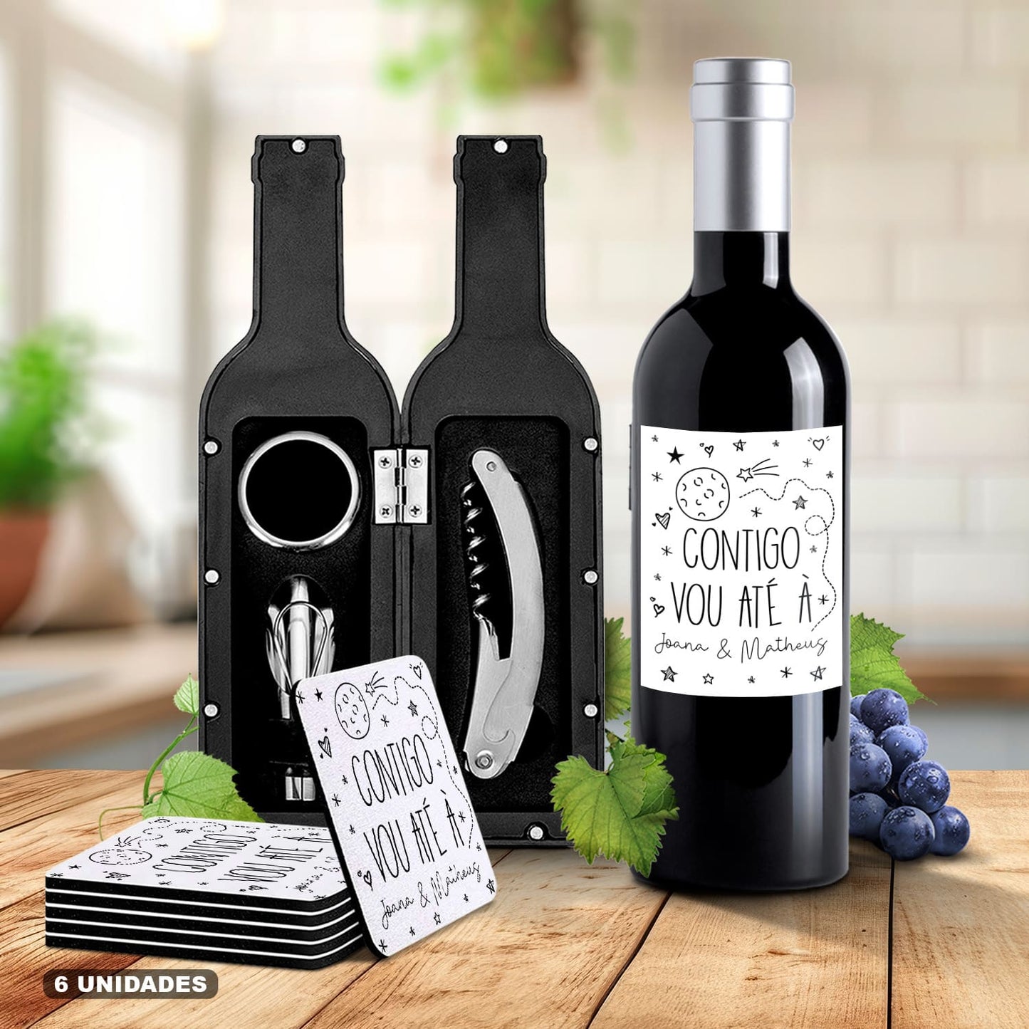 Kit de Vinho e/ou Bases de copos (6 unidades) "Contigo vou até à lua"