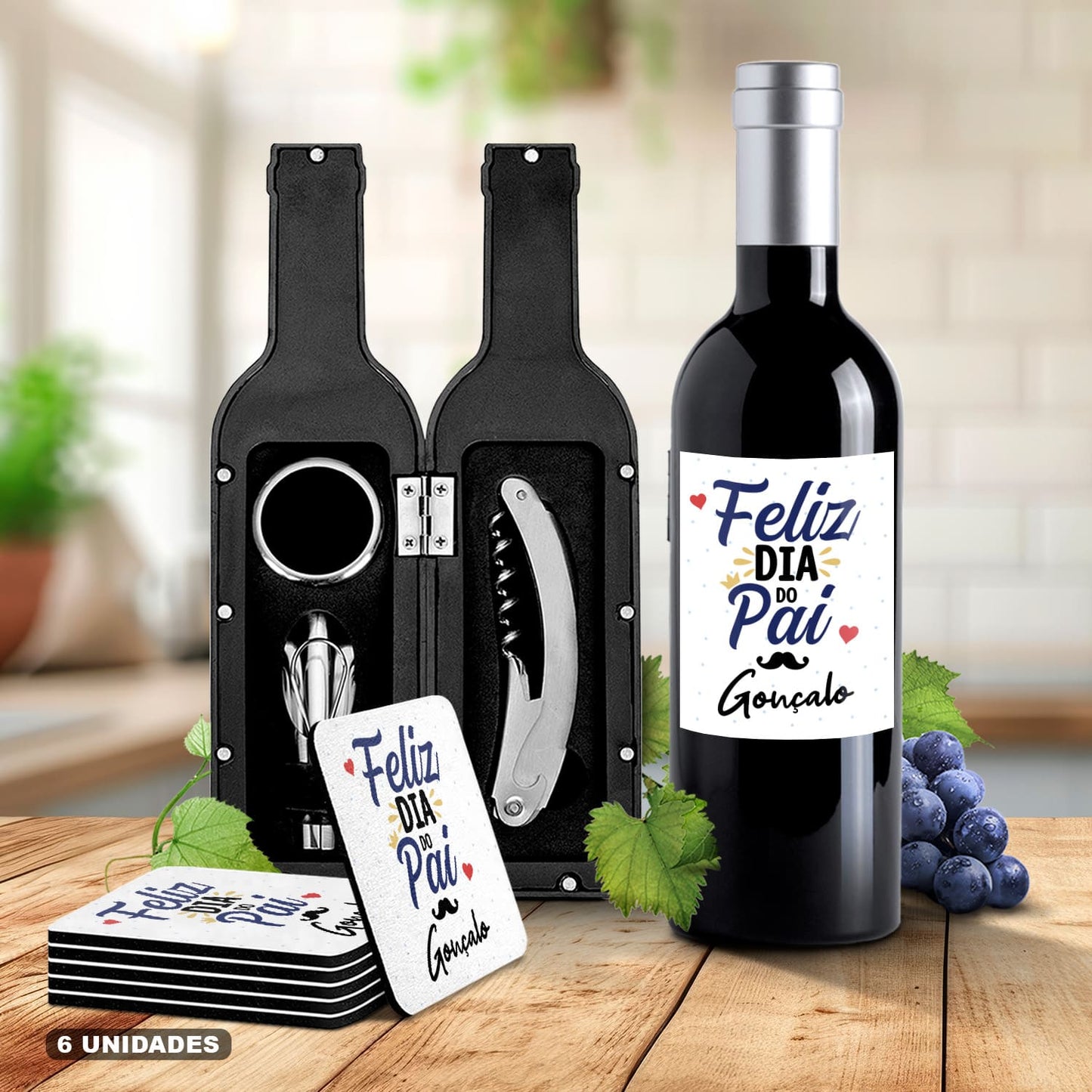 Kit de Vinho e/ou Bases de copos (6 unidades) "Feliz Dia do Pai"
