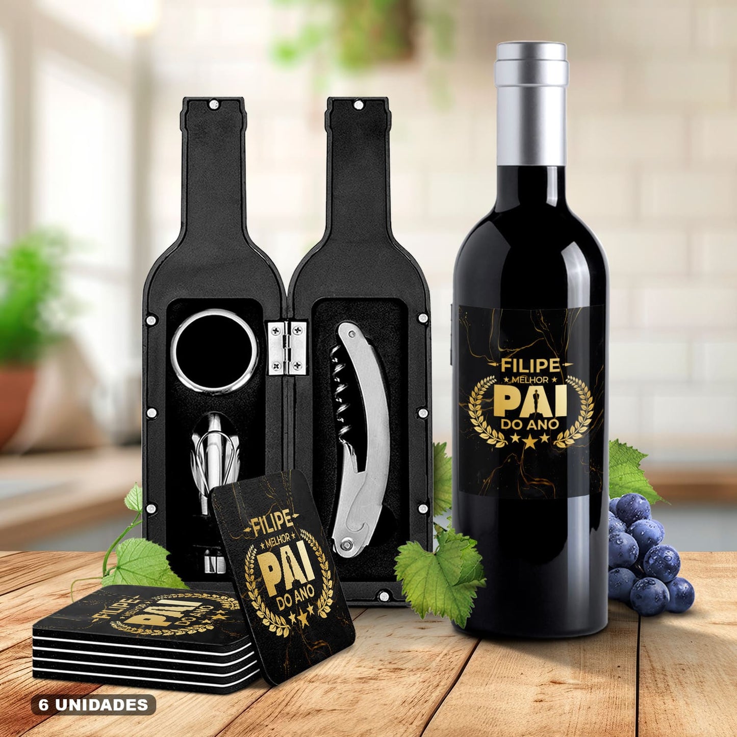 Kit de Vinho e/ou Bases de copos (6 unidades) "Óscar: melhor pai do ano"