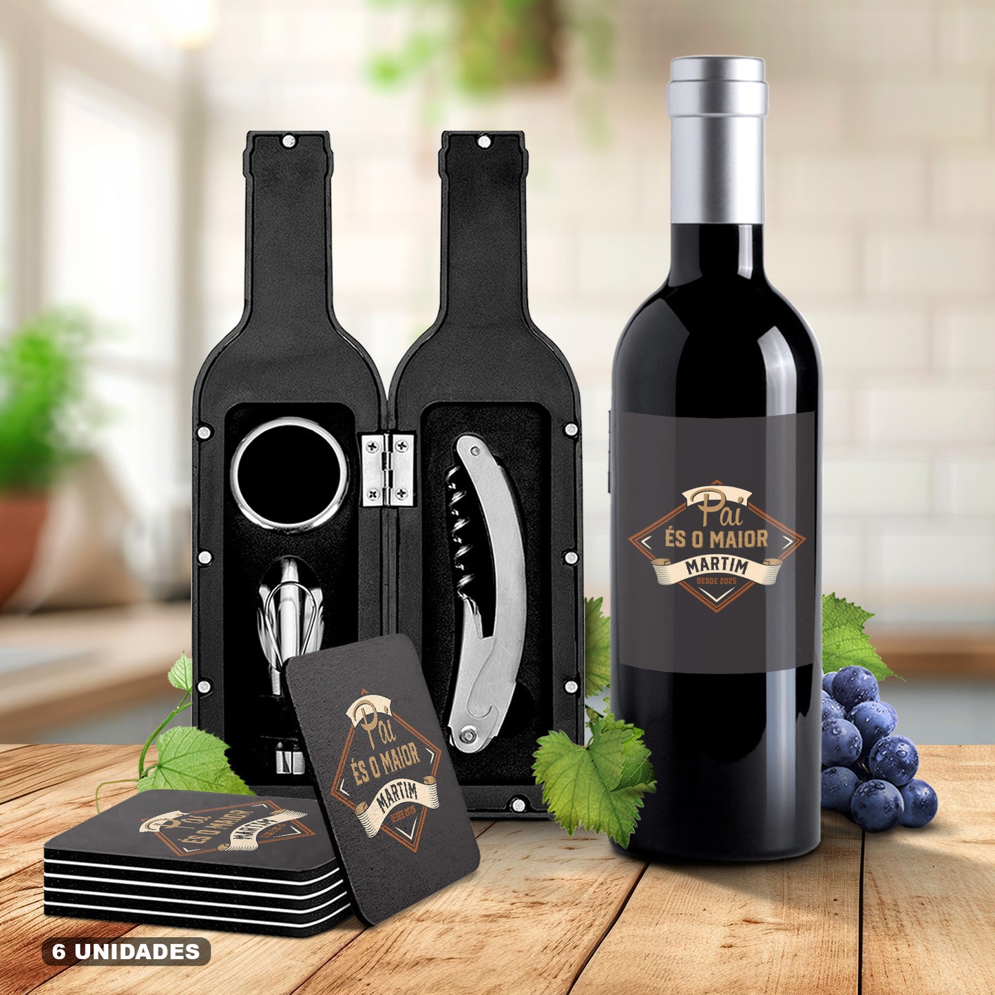 Kit de Vinho e/ou Bases de copos (6 unidades) "És o Maior"