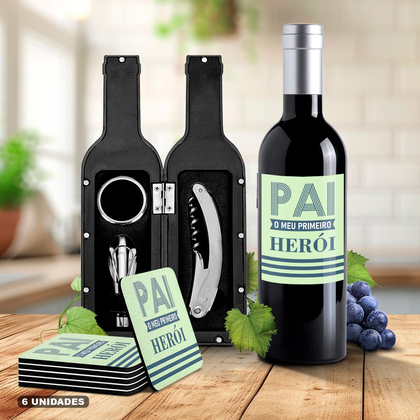 Kit de Vinho e/ou Bases de copos (6 unidades) "Pai o meu primeiro herói"