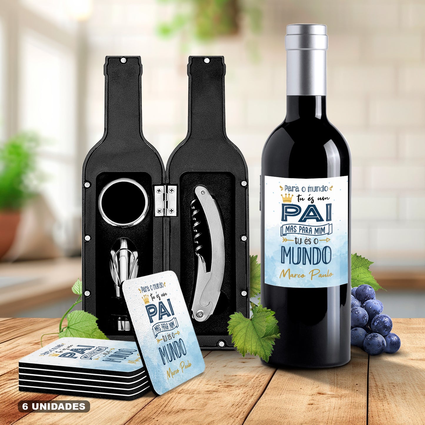 Kit de Vinho e/ou Bases de copos (6 unidades) "Tu és o mundo"