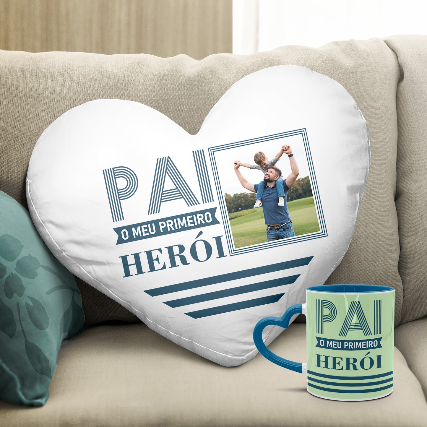 Almofada coração e/ou Caneca pega coração azul "Pai o meu primeiro herói"