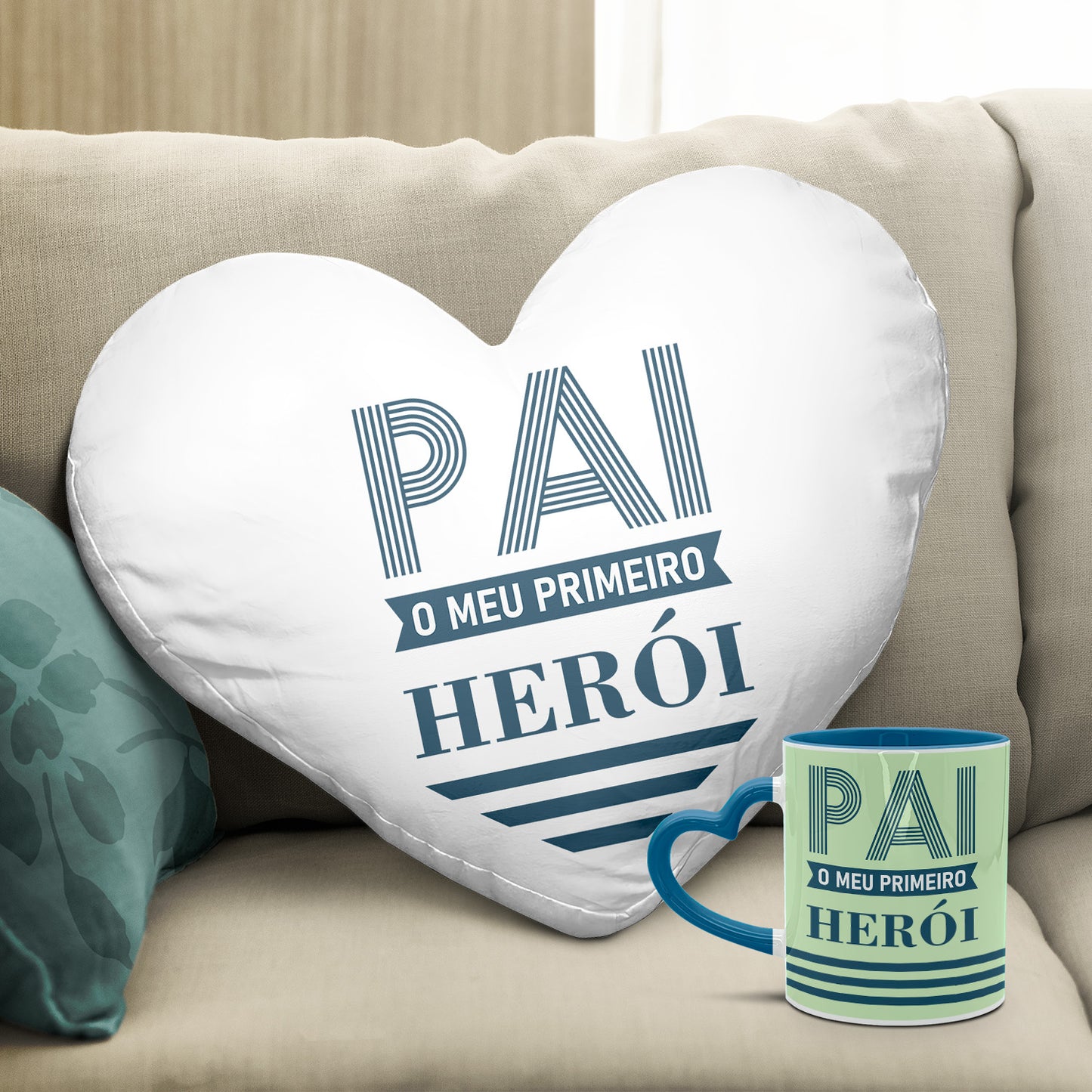 Almofada coração e/ou Caneca pega coração azul "Pai o meu primeiro herói"