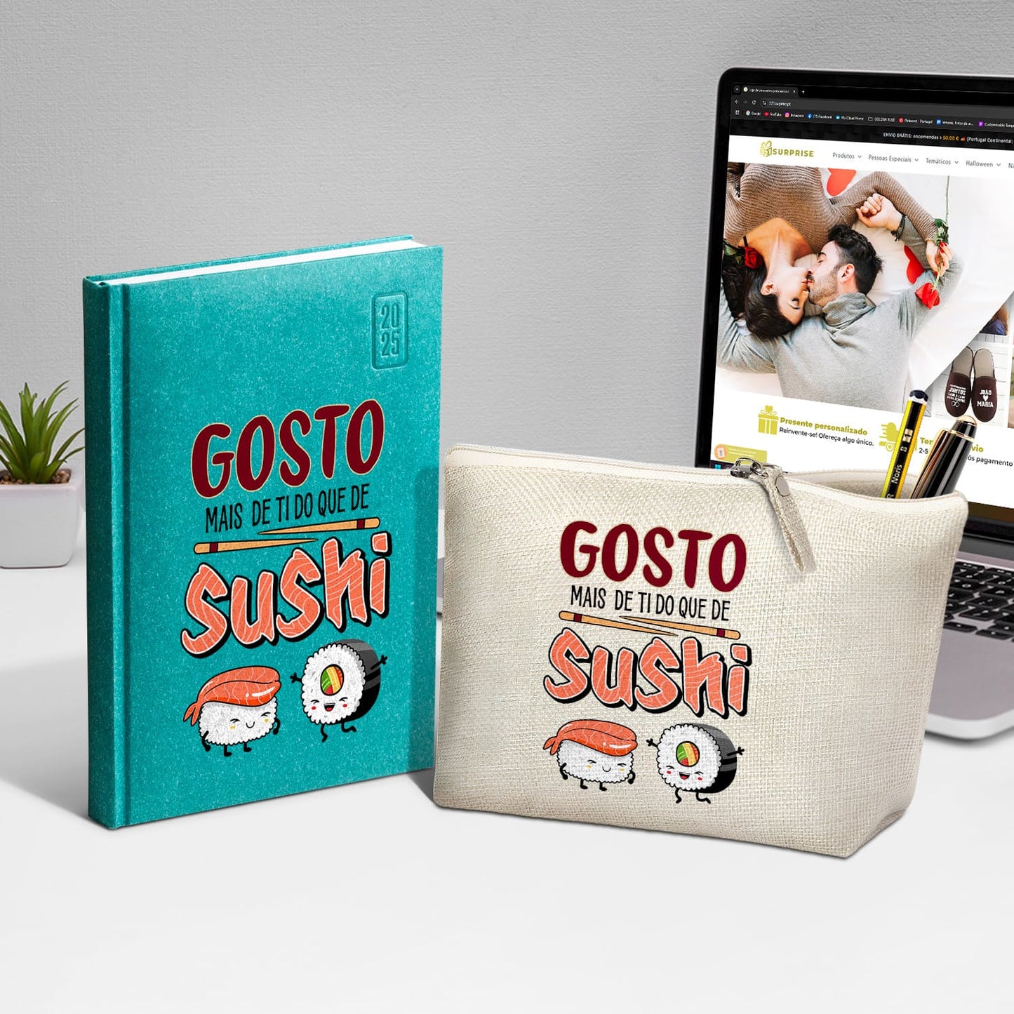 Necessaire e/ou Agenda Diária 2025 Prisma "Gosto mais de ti do que de sushi"