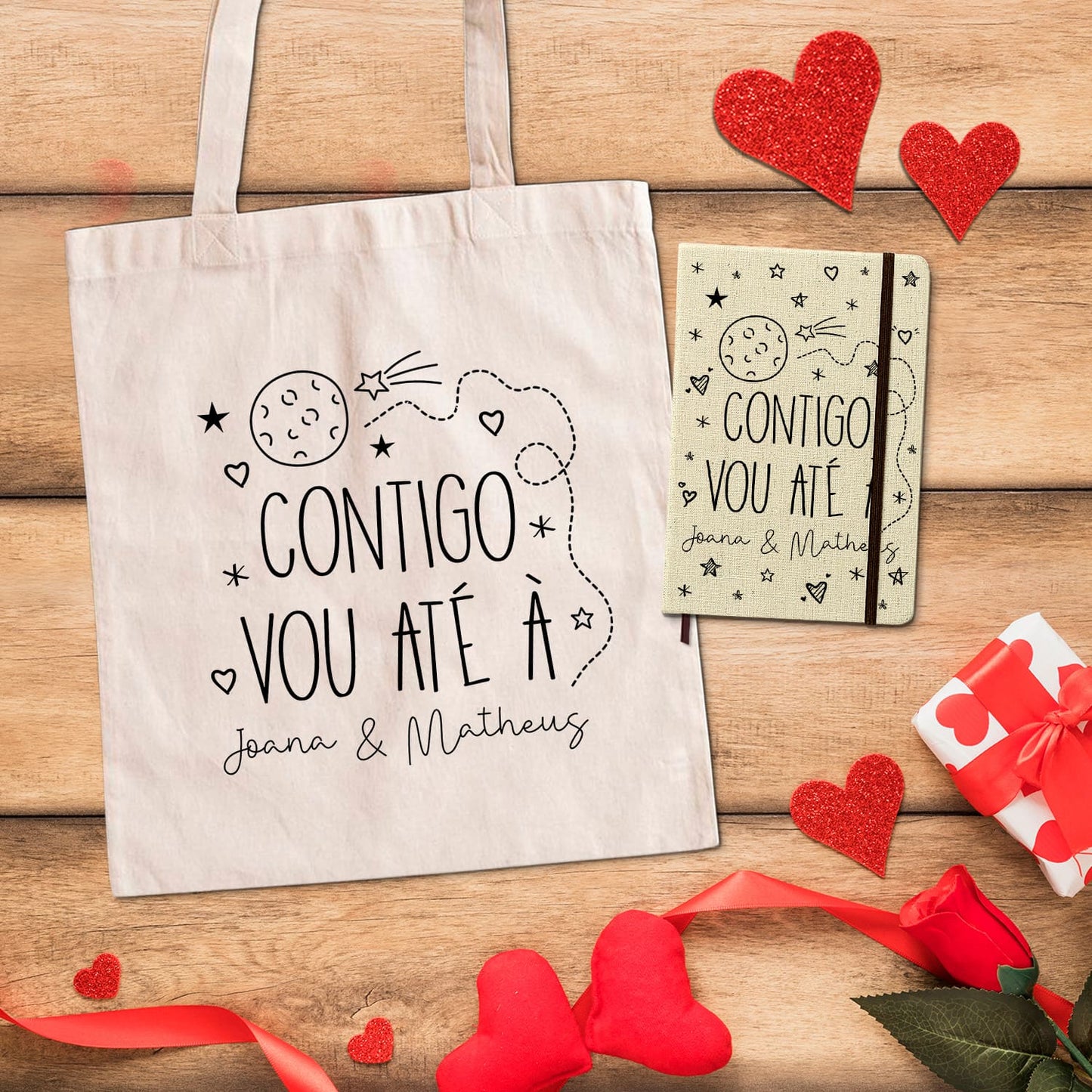 Saco de Pano e/ou Bloco de Notas "Contigo vou até à lua"