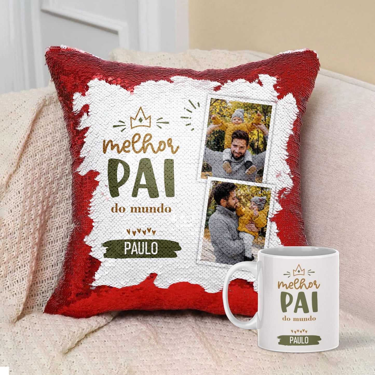 Almofada Lantejoulas e/ou Caneca "Melhor do Mundo ♡"
