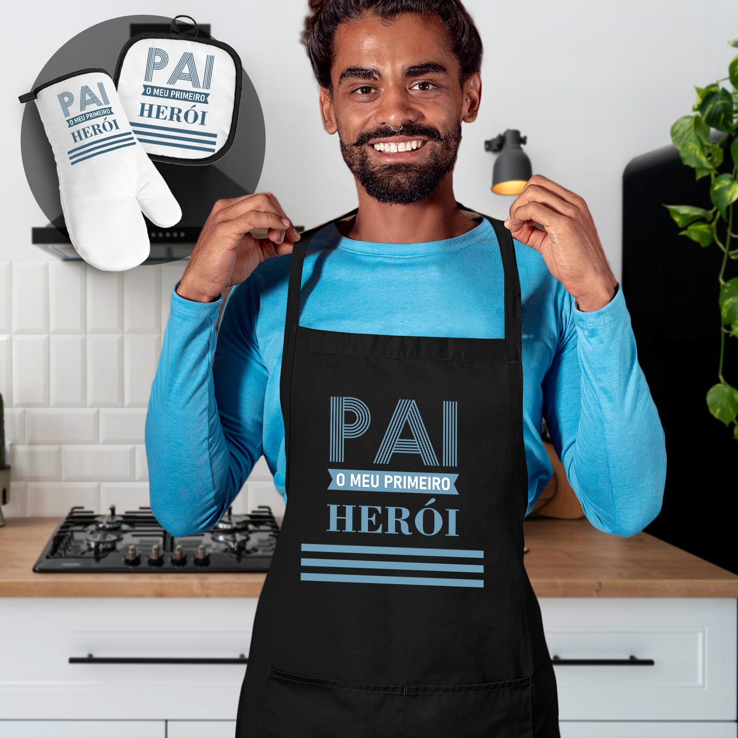 Avental e/ou Luva+Pega "Pai o meu primeiro herói"