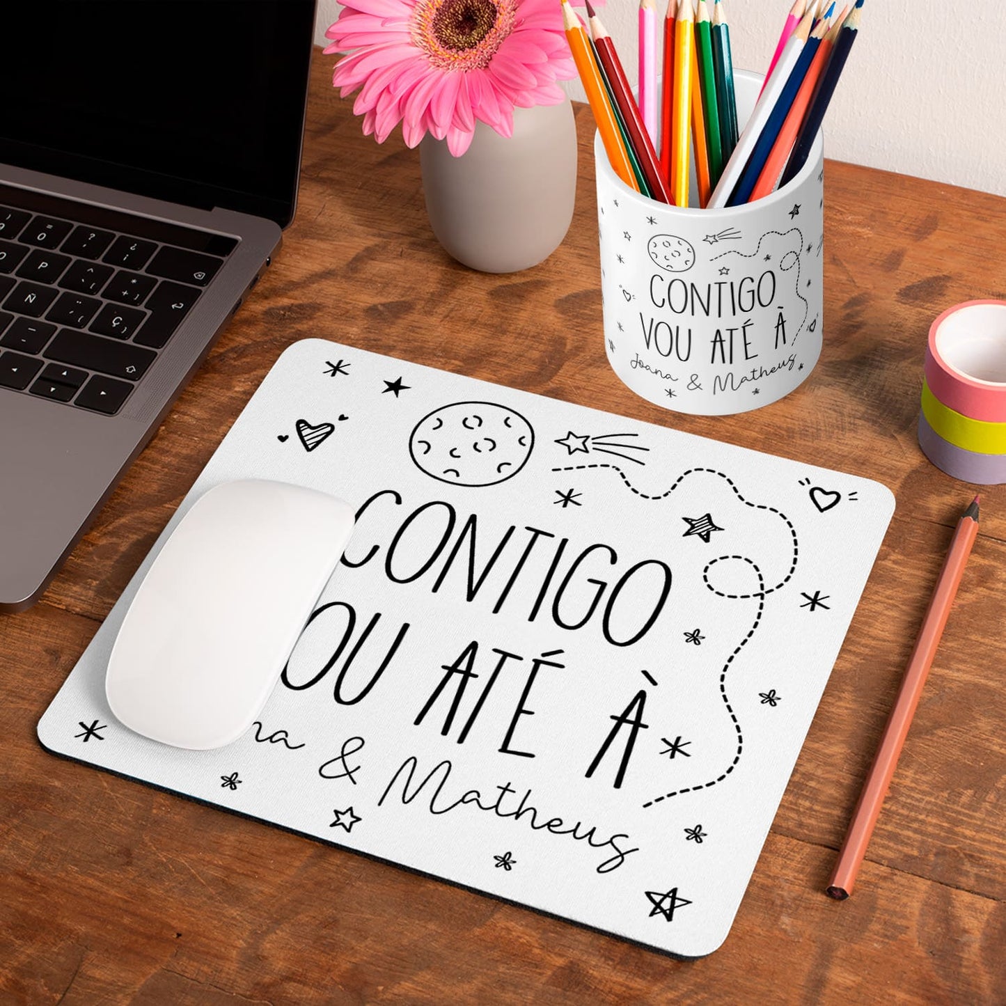 Tapete de rato e/ou Porta-lápis "Contigo vou até à lua"