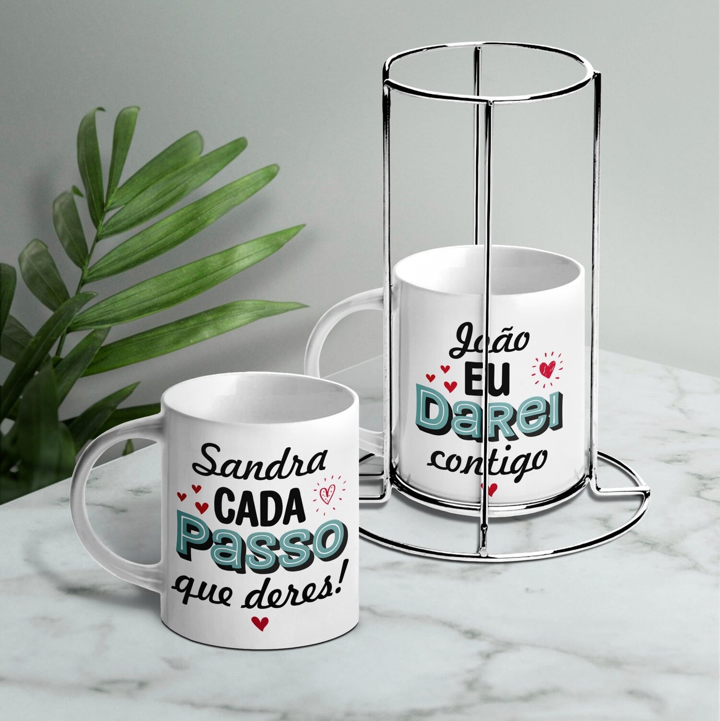 Conjunto 2 canecas com suporte "Cada passo que deres eu darei contigo"