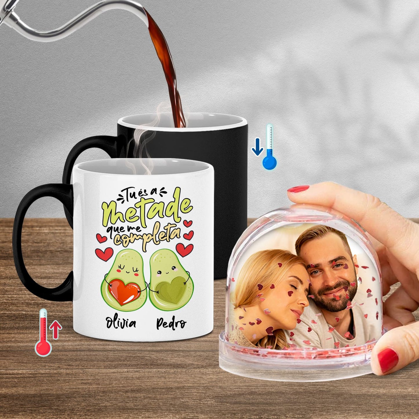 Caneca Mágica e/ou Globo Corações "Tu és a metade que me completa"