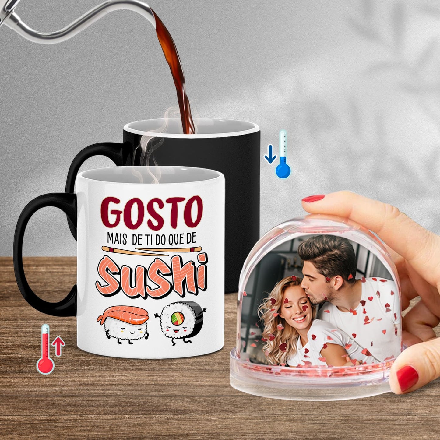 Caneca Mágica e/ou Globo Corações "Gosto mais de ti do que de sushi"