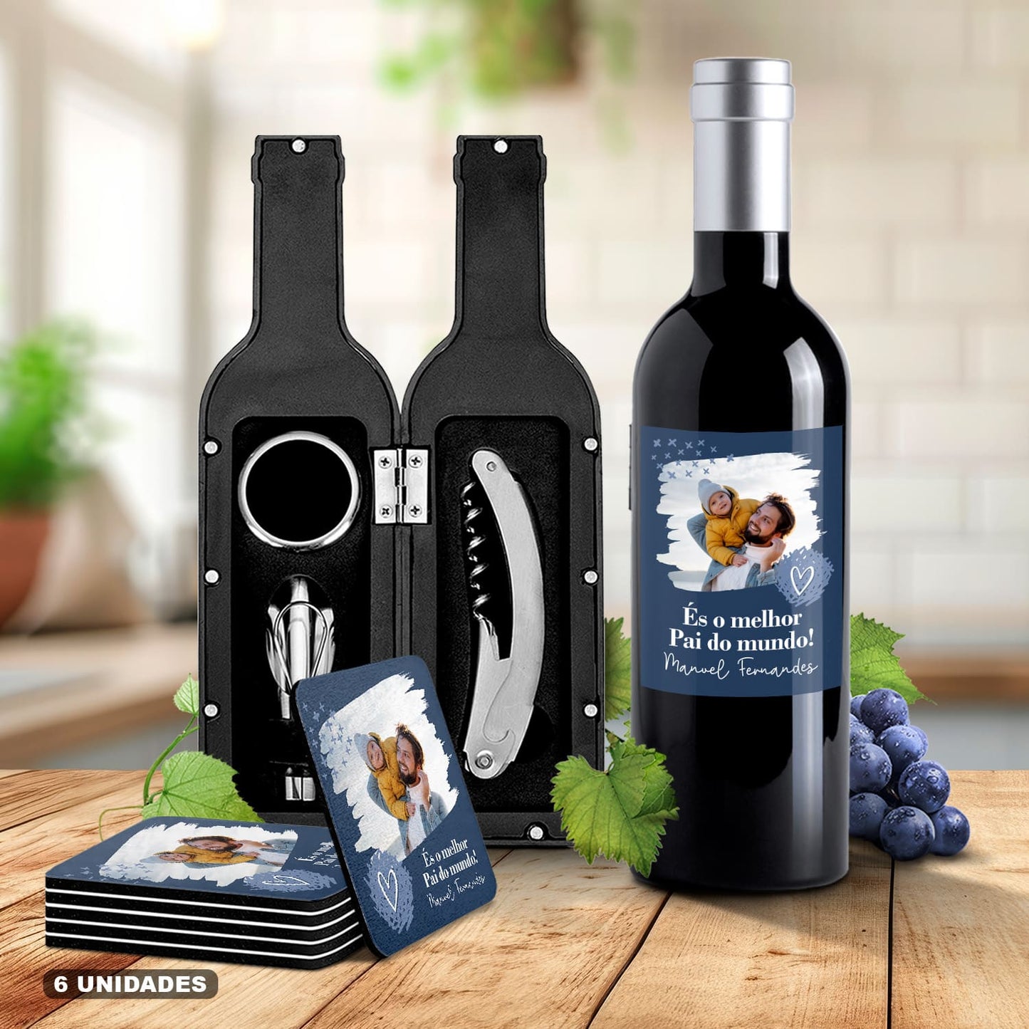 Kit de Vinho e/ou Bases de copos (6 unidades) "És o melhor do mundo!"