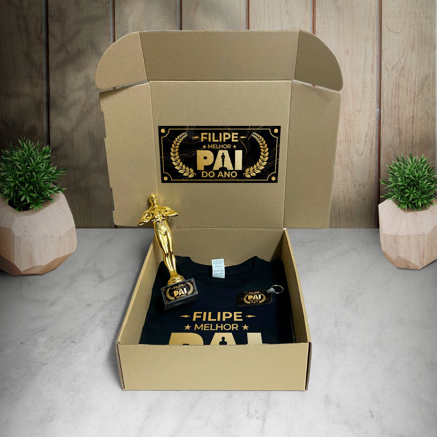 Box T-shirt + Troféu + Porta-chaves "Óscar: melhor pai do ano"