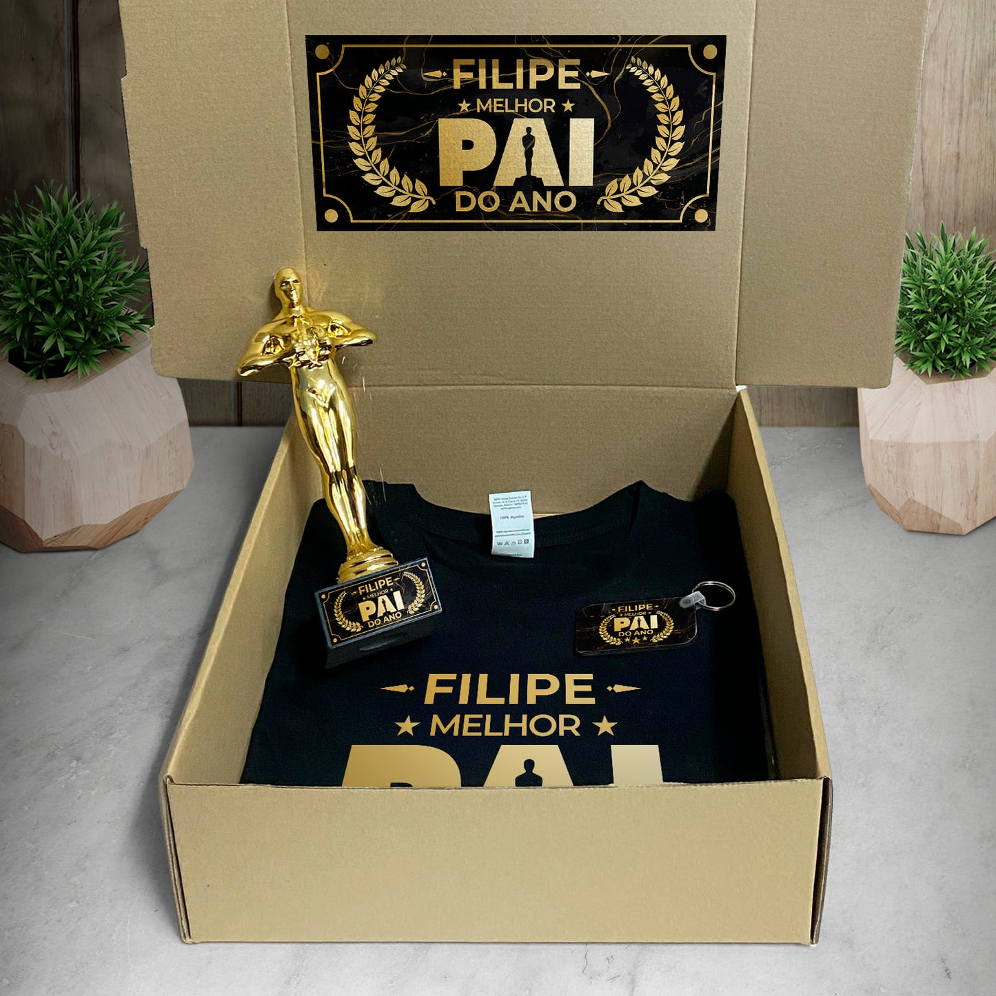 Box T-shirt + Troféu + Porta-chaves "Óscar: melhor pai do ano"