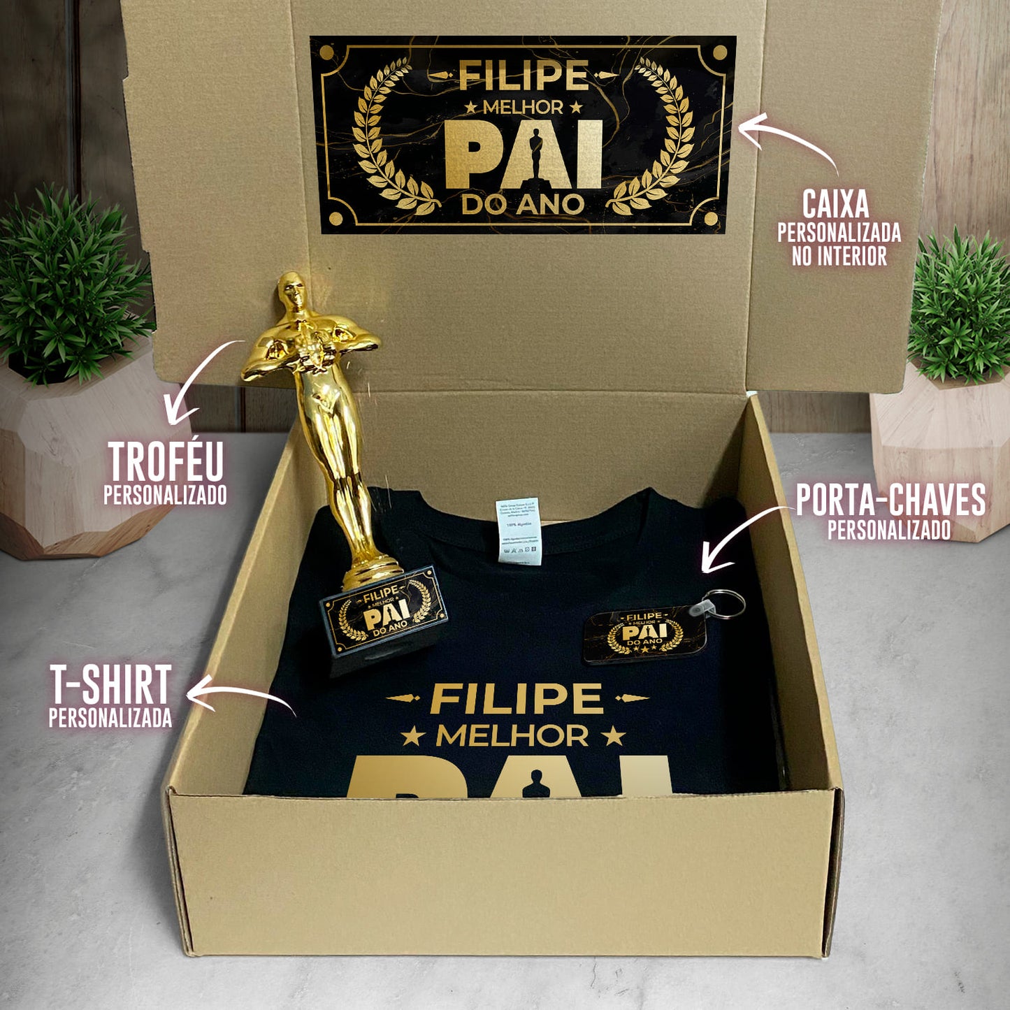 Box T-shirt + Troféu + Porta-chaves "Óscar: melhor pai do ano"
