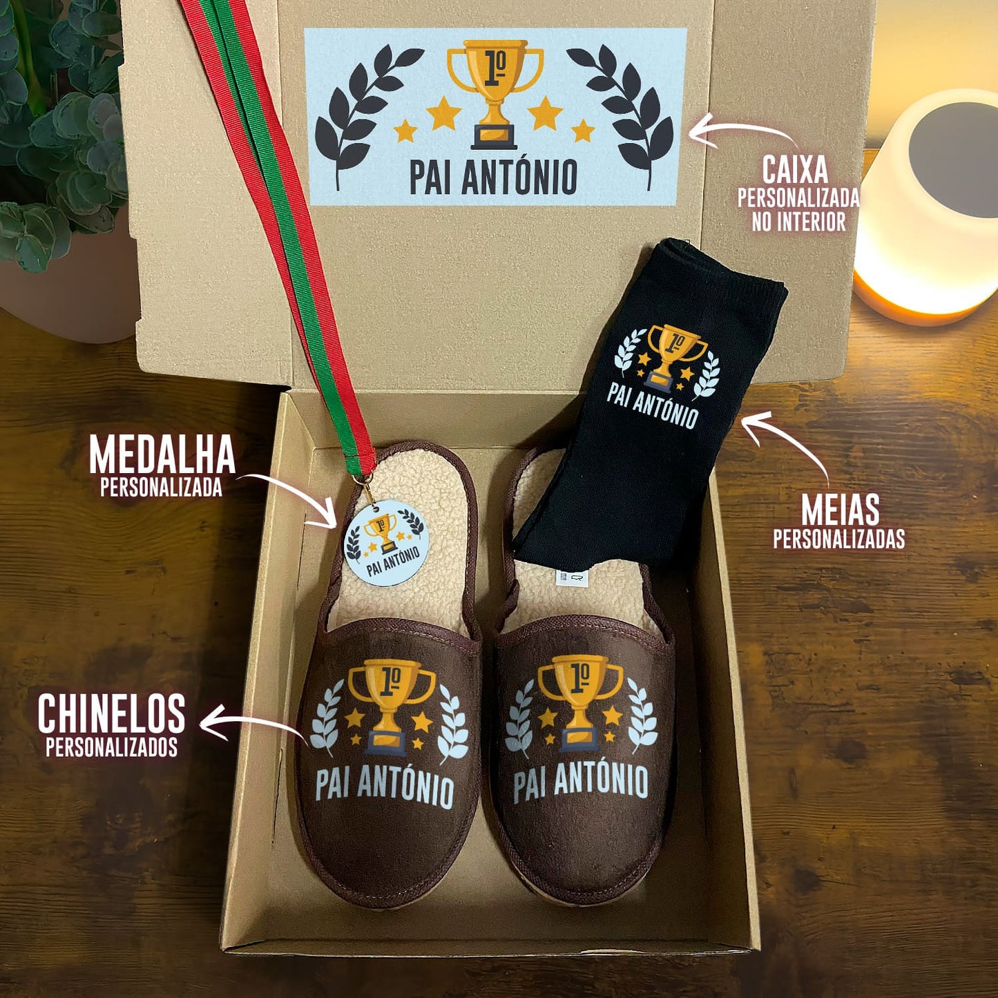 Box Medalha + Chinelos + Meias "1º Lugar"