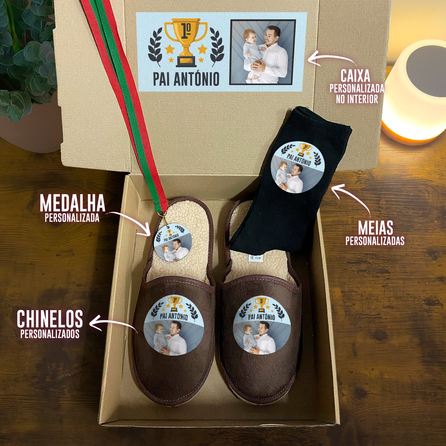 Box Medalha + Chinelos + Meias "1º Lugar"
