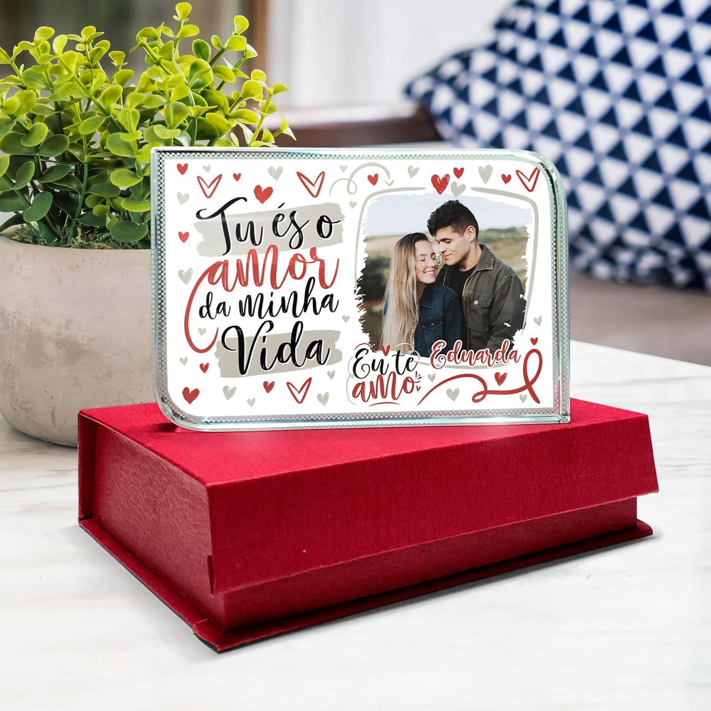 Moldura de Cristal 3D c/ caixa "Tu és o amor da minha vida"