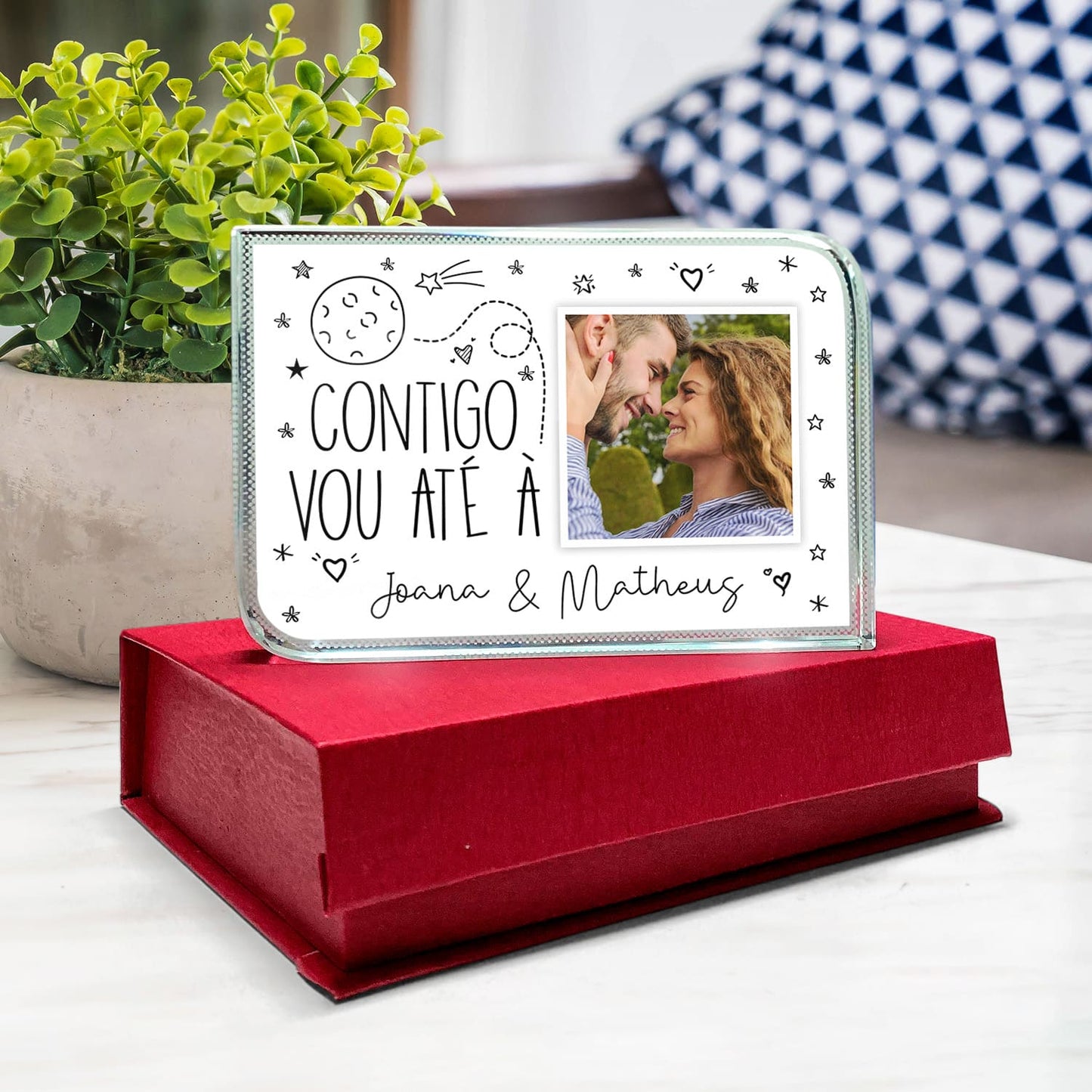Moldura de Cristal 3D c/ caixa "Contigo vou até à lua"