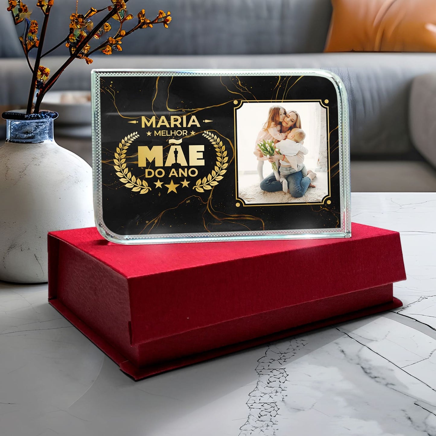 Moldura de Cristal 3D c/ caixa "Óscar: melhor mãe do ano"