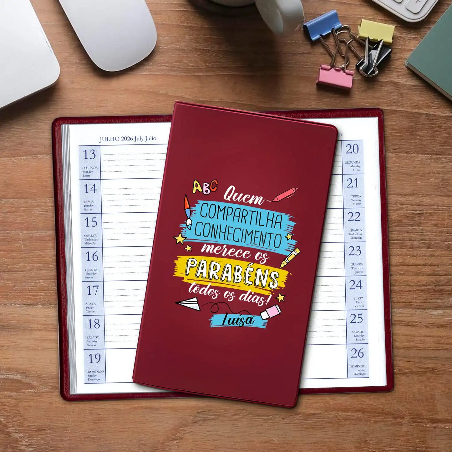 Agenda de bolso 2026 personalizada com nome. Capa em PVC, formato A6.