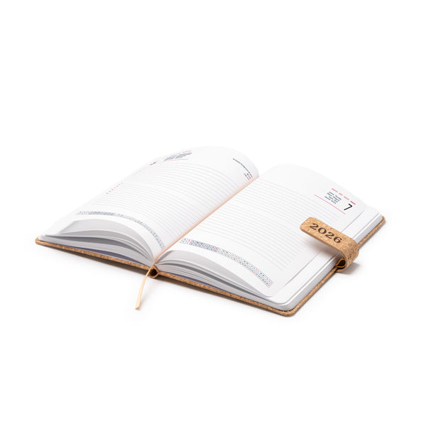 Agenda diária 2026. Capa em cortiça com fecho magnético, formato A5.