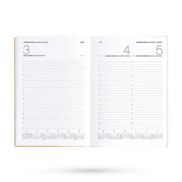 Agenda diária 2026. Capa rígida em papel craft, formato A5.