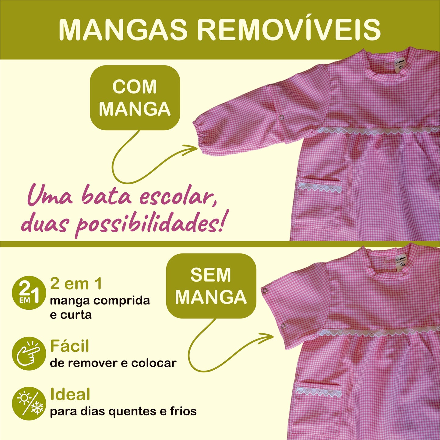 bata escolar menina com manga removível