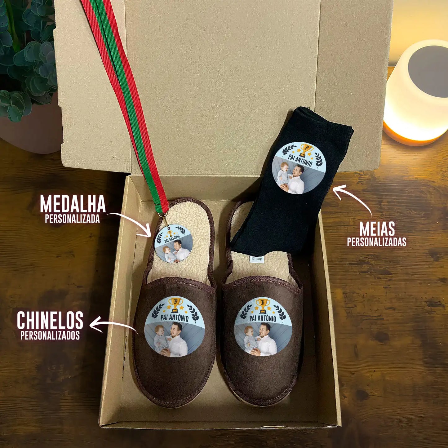 Box Medalha + Chinelos + Meias "1º Lugar"