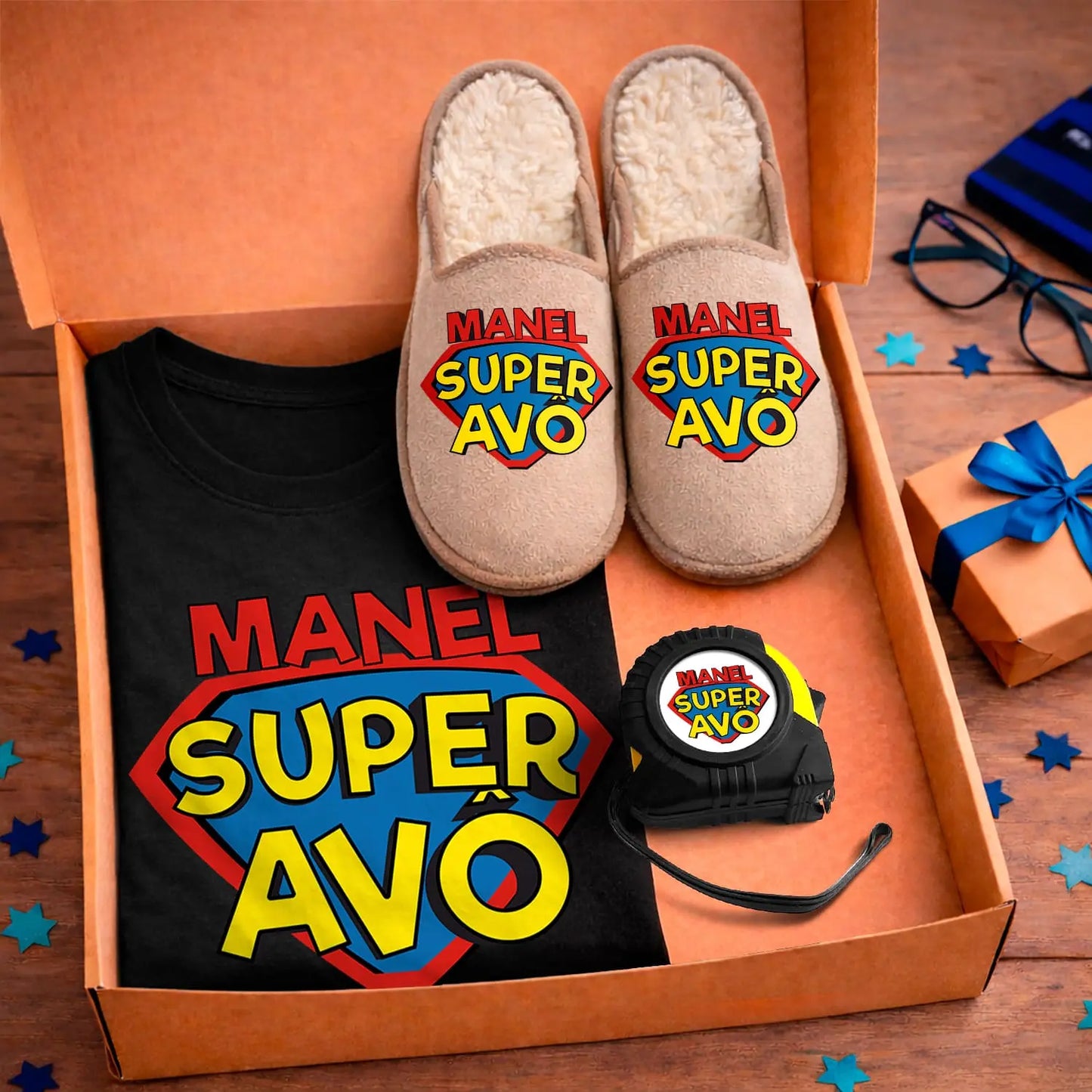 Box T-shirt + Chinelos + Fita-métrica "Super Avô"