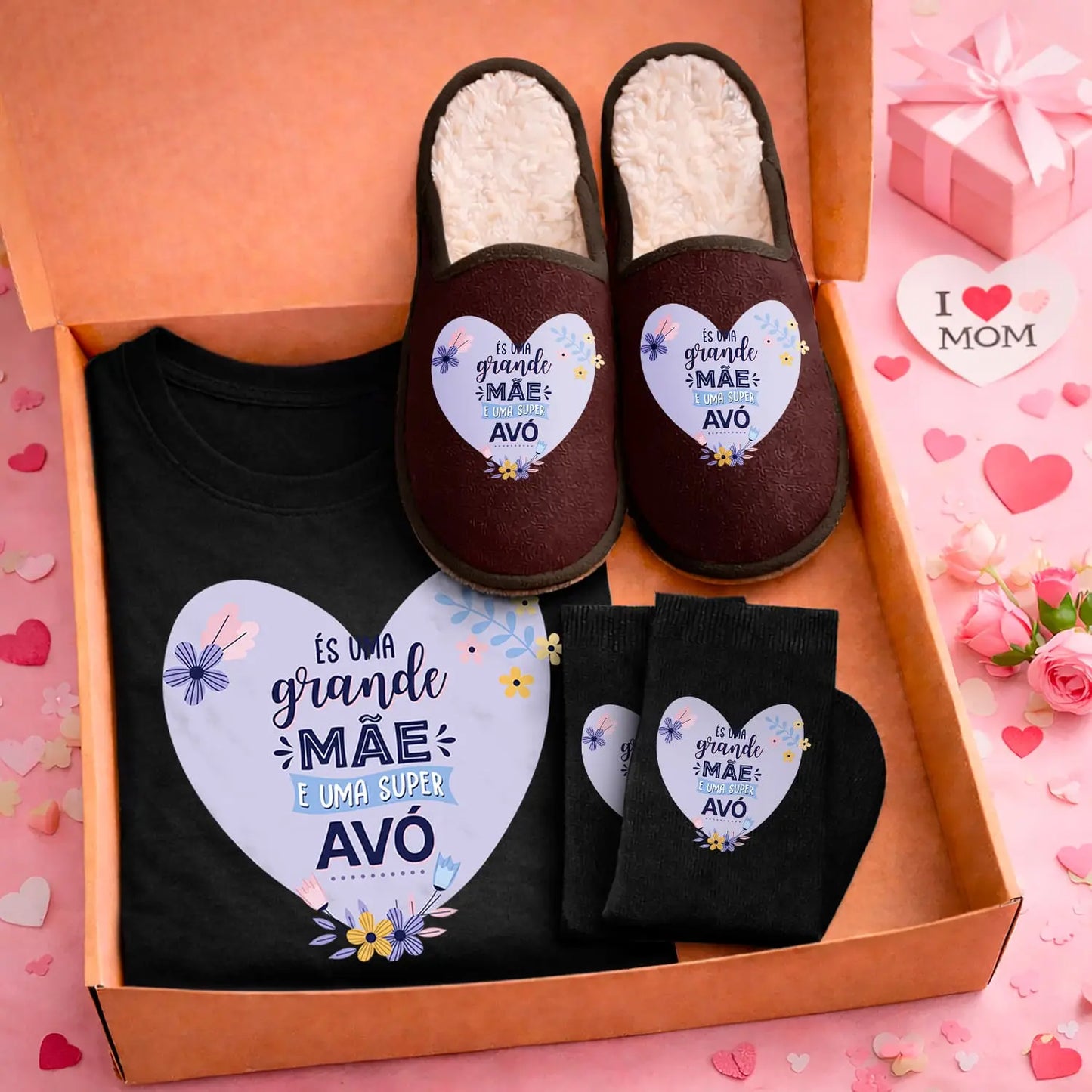 Box T-shirt + Chinelos + Meias "És uma Grande Mãe e uma Super Avó"