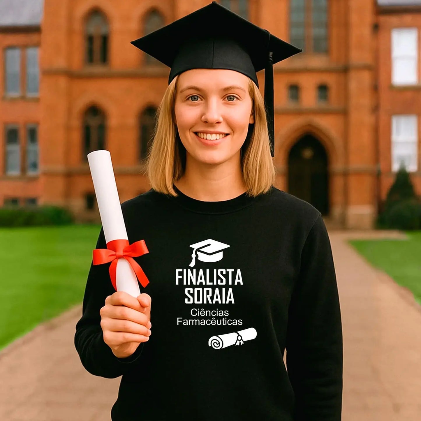 Camisola personalizada para finalista com nome e curso ou ano escolar — 9.º e 12.º anos ou universidade.