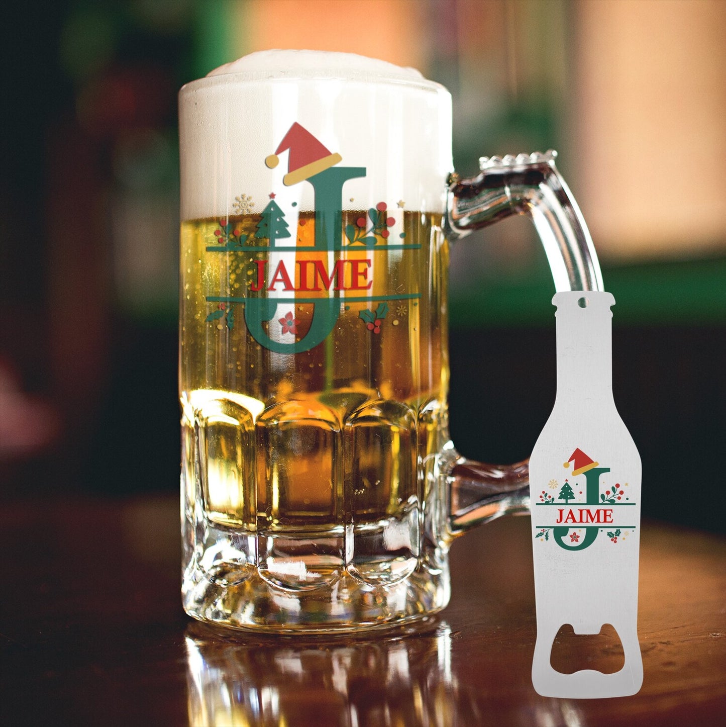 Caneca para Cerveja e/ou Abre-garrafas "Letras Natalícias"