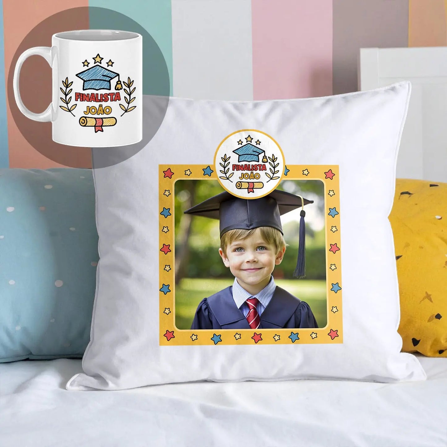 conjunto almofada e caneca finalista personalizado com nome e fotografia