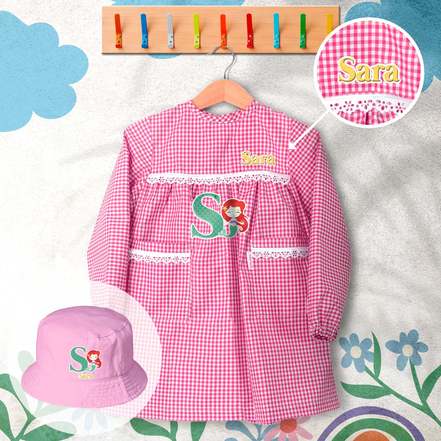 conjunto de bata escolar e panamá personalizado com nome tema princesas