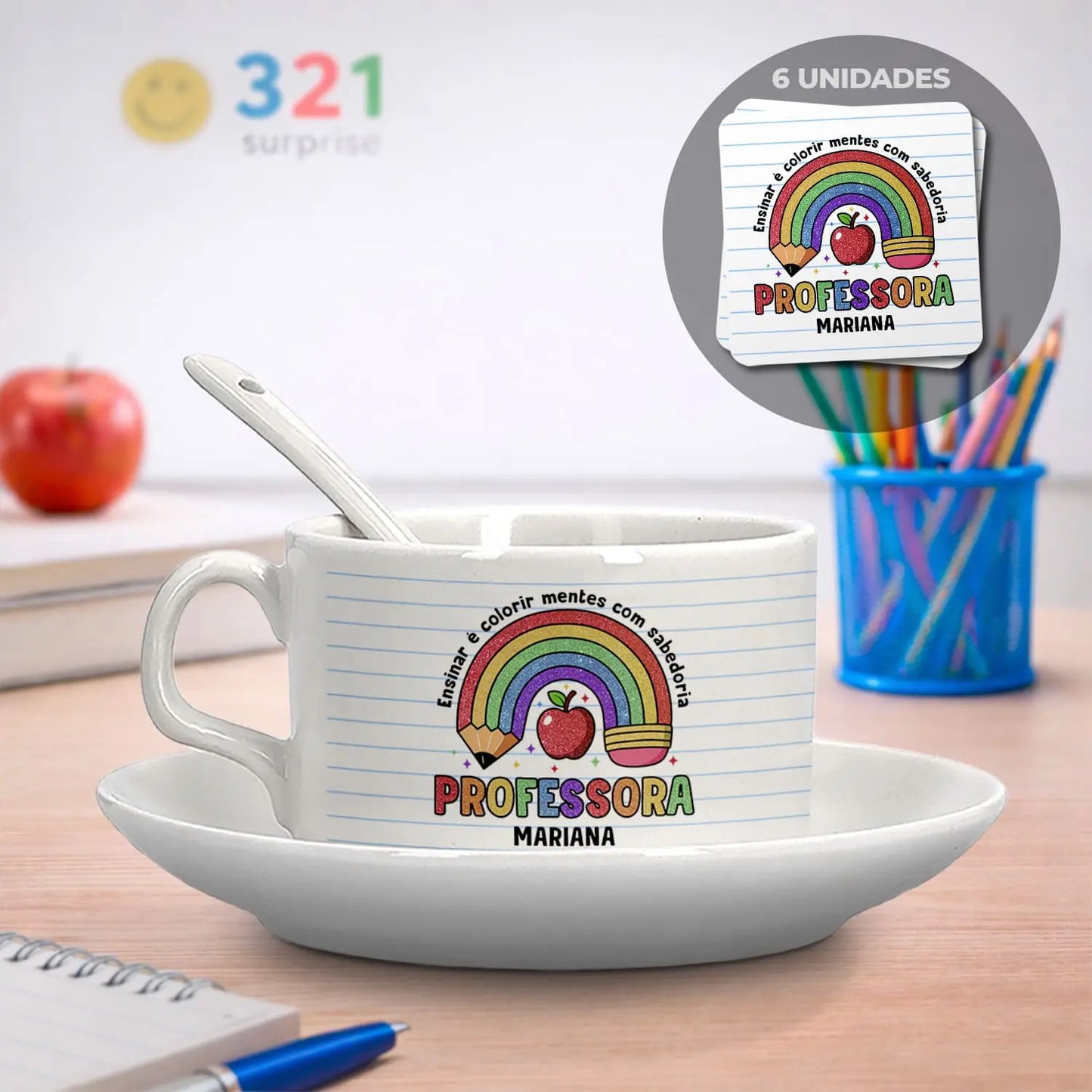 conjunto chávena e bases de copos professora personalizado com nome e frase