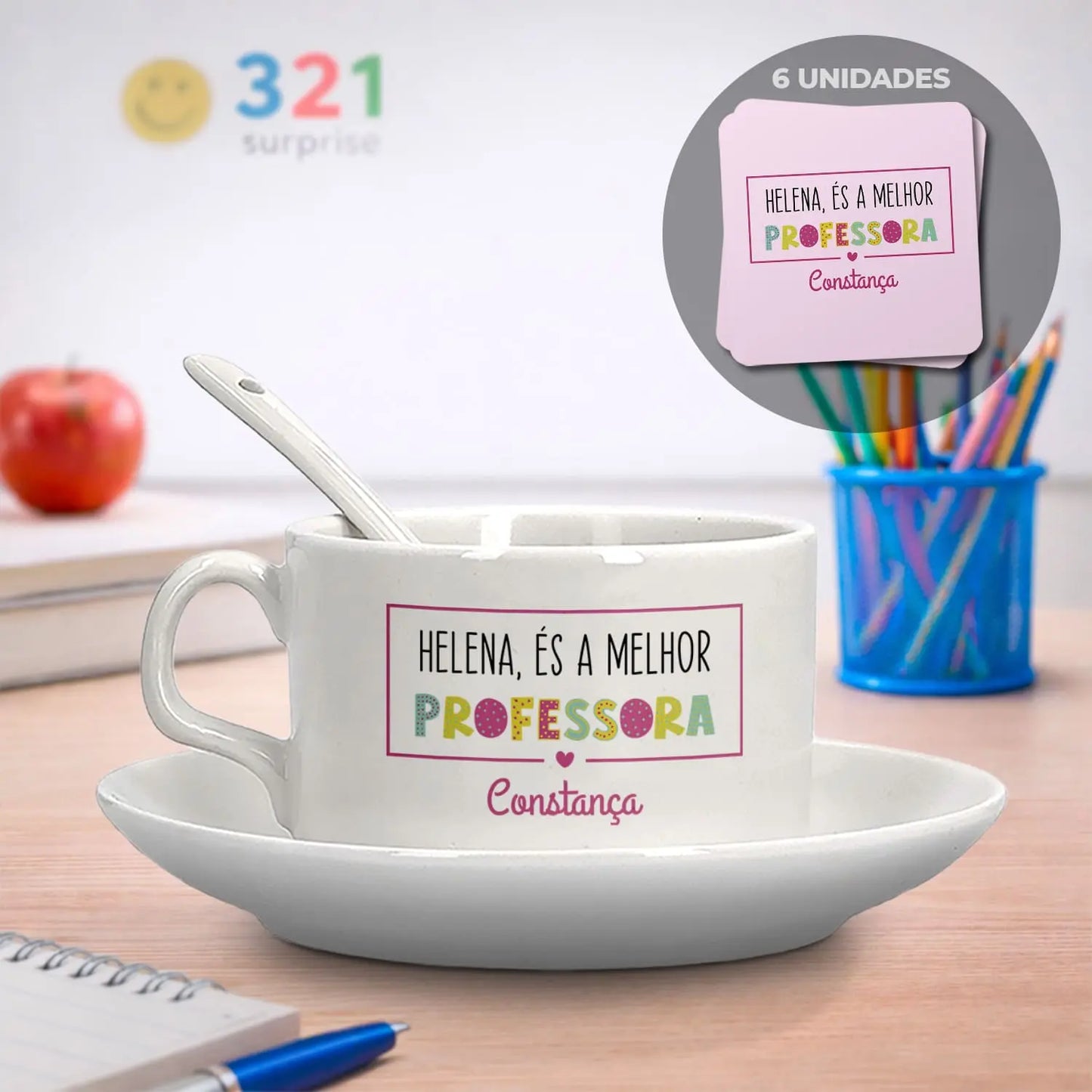 conjunto chávena e bases de copos professora personalizado com nome