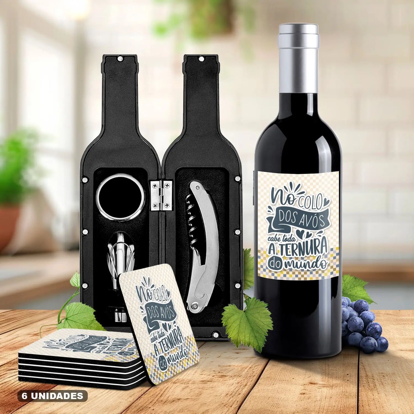 conjunto kit de vinho e bases de copos personalizado para avós com mensagem especial