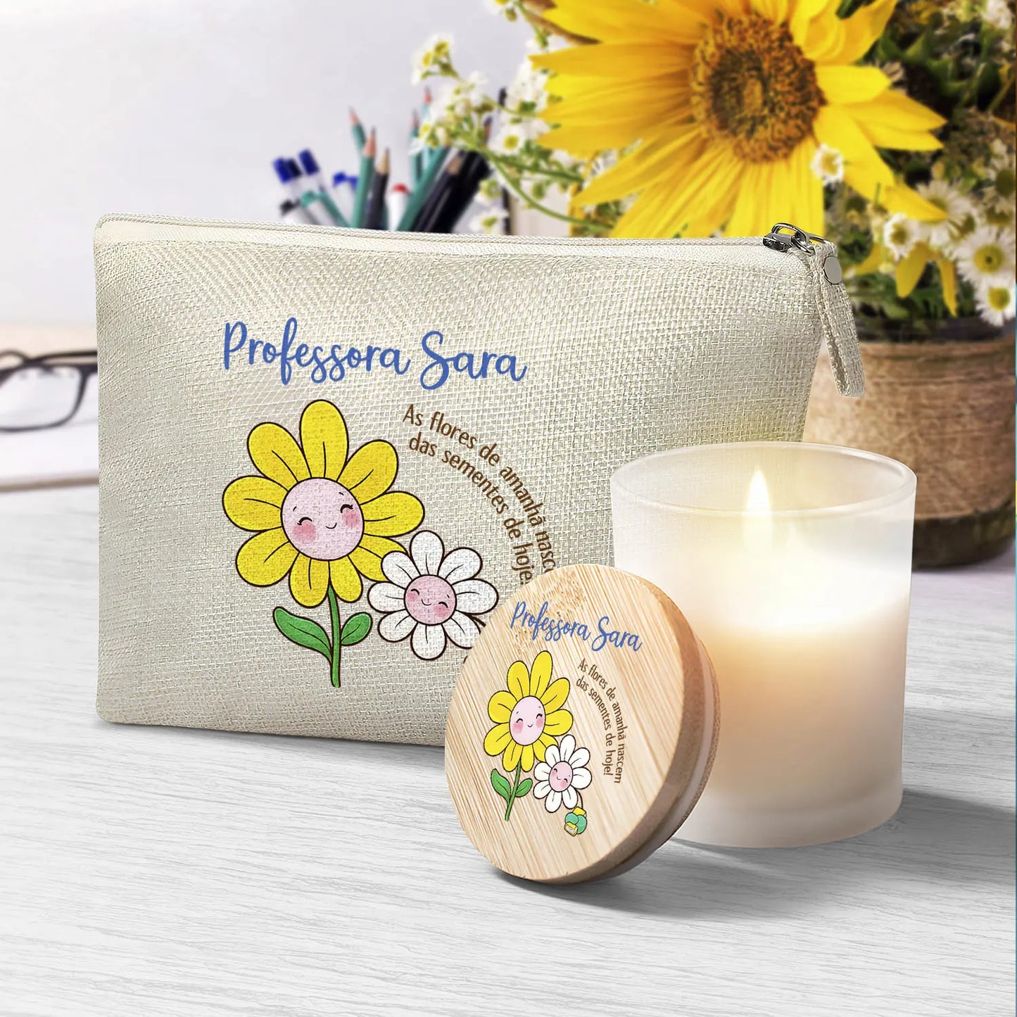 conjunto necessaire e vela professora personalizado com nome
