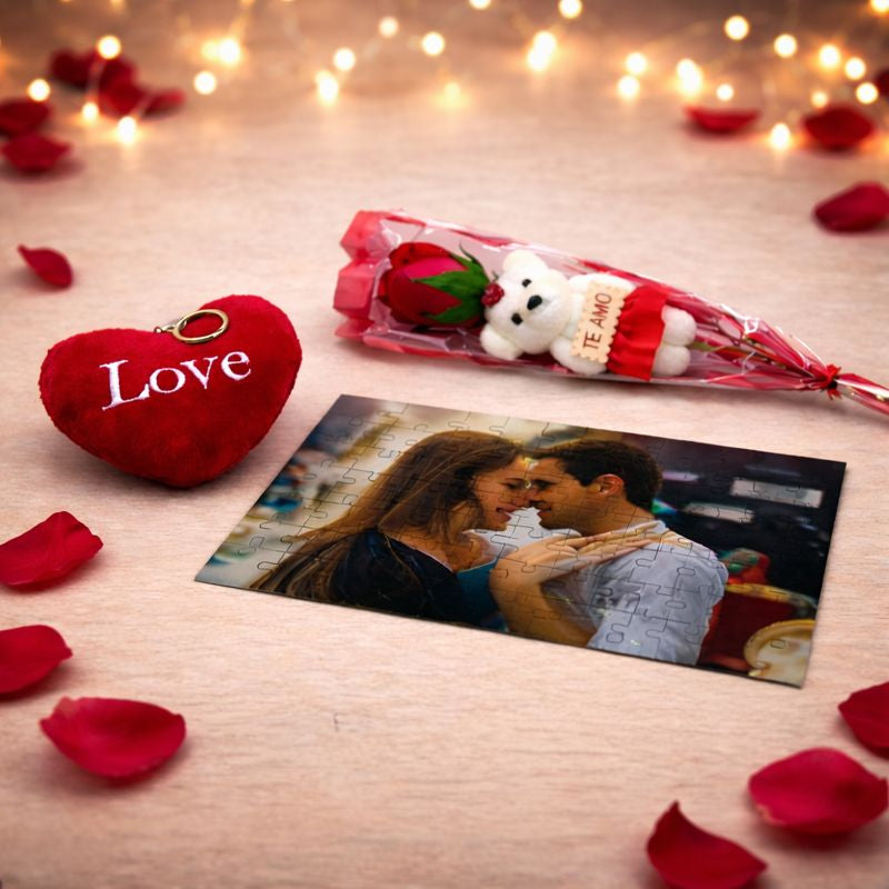 Conjunto Puzzle + Porta-chaves Coração Love + Rosa com Ursinho