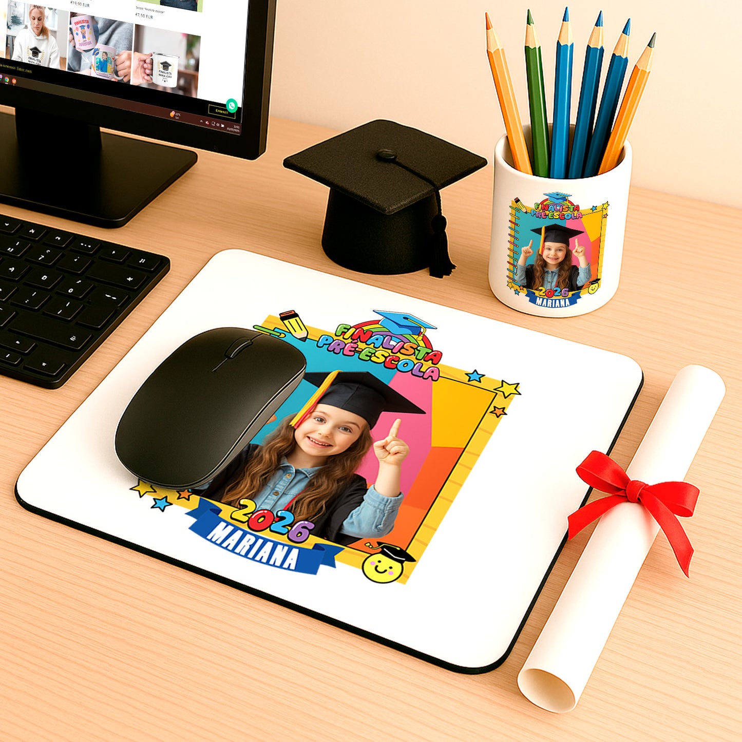 conjunto tapete de rato e porta-lápis finalista personalizado com nome, ano e fotografia