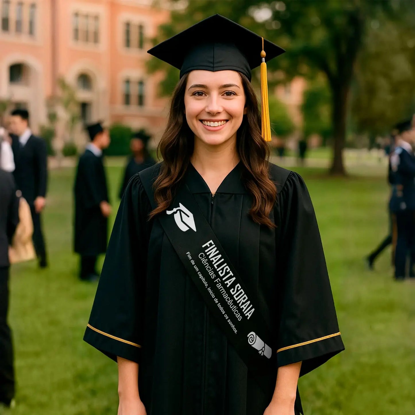 Faixa personalizada para finalista com nome, curso ou ano escolar e dedicatória — 9.º e 12.º anos ou universidade.
