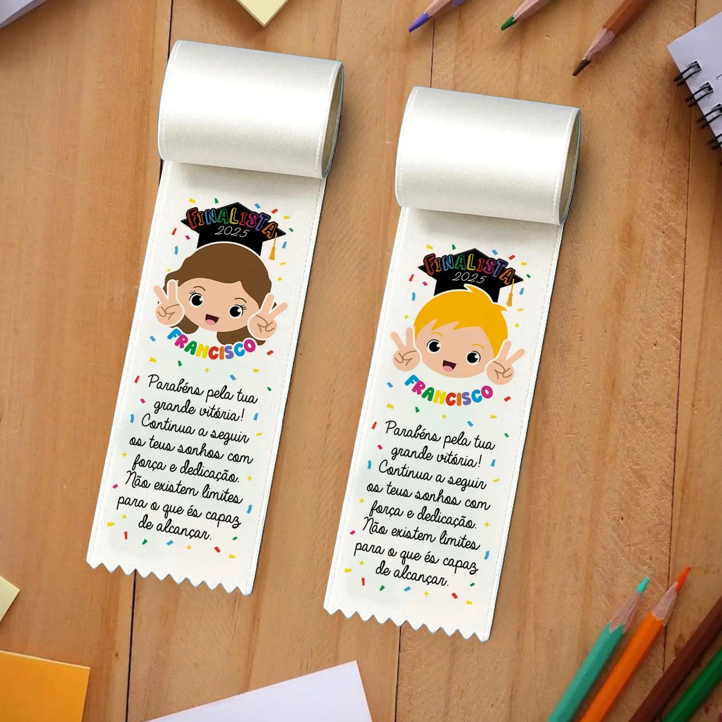 fita de finalista personalizada com dedicatória, nome e ano