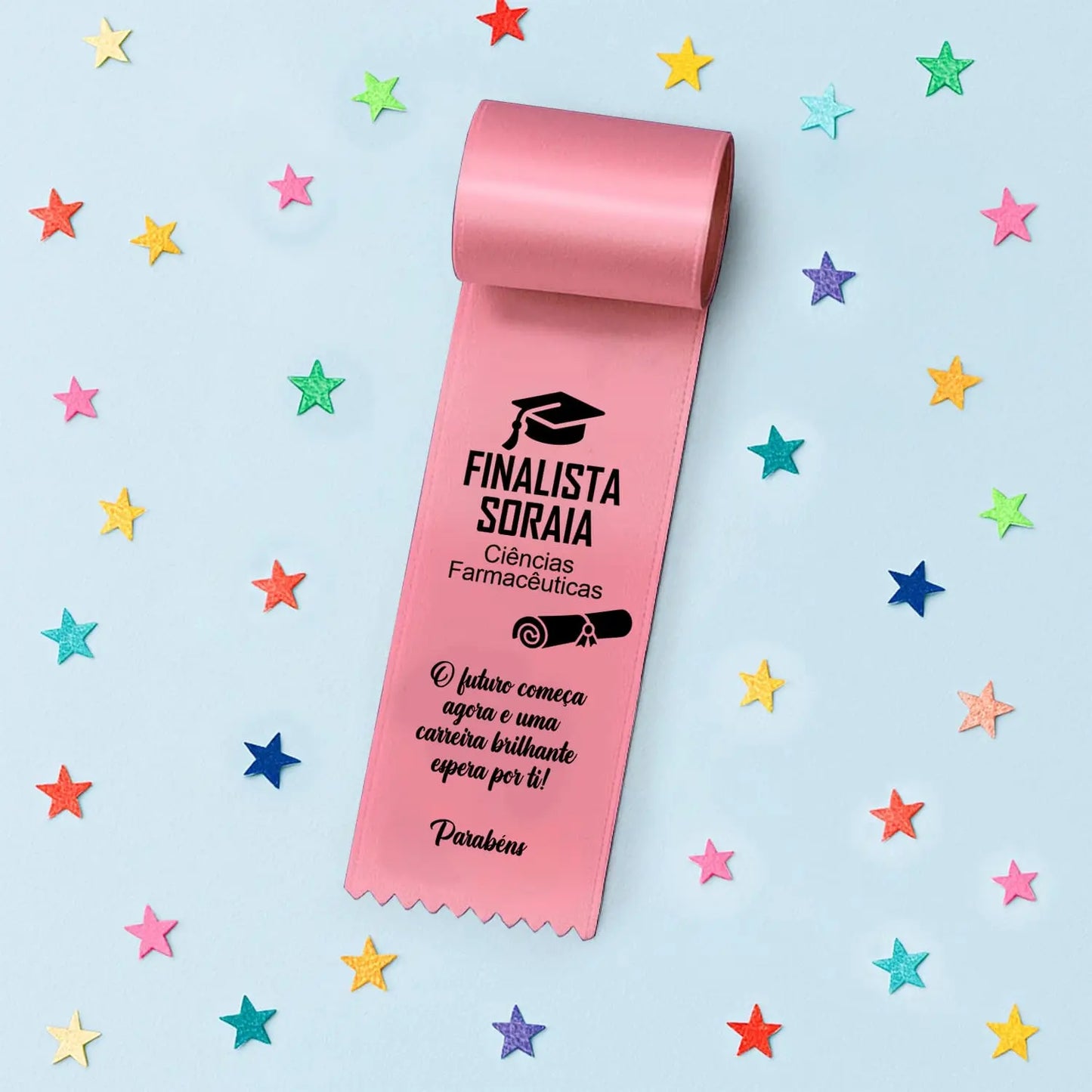 Fita personalizada para finalista com nome, curso ou ano escolar e dedicatória — 9.º e 12.º anos ou universidade.