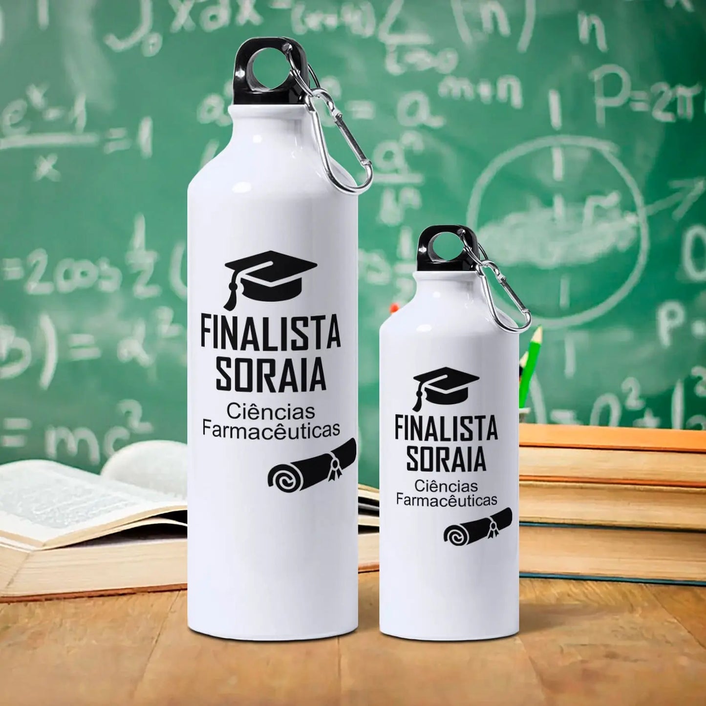 Garrafa personalizada para finalista com nome e curso ou ano escolar — 9.º e 12.º anos ou universidade.